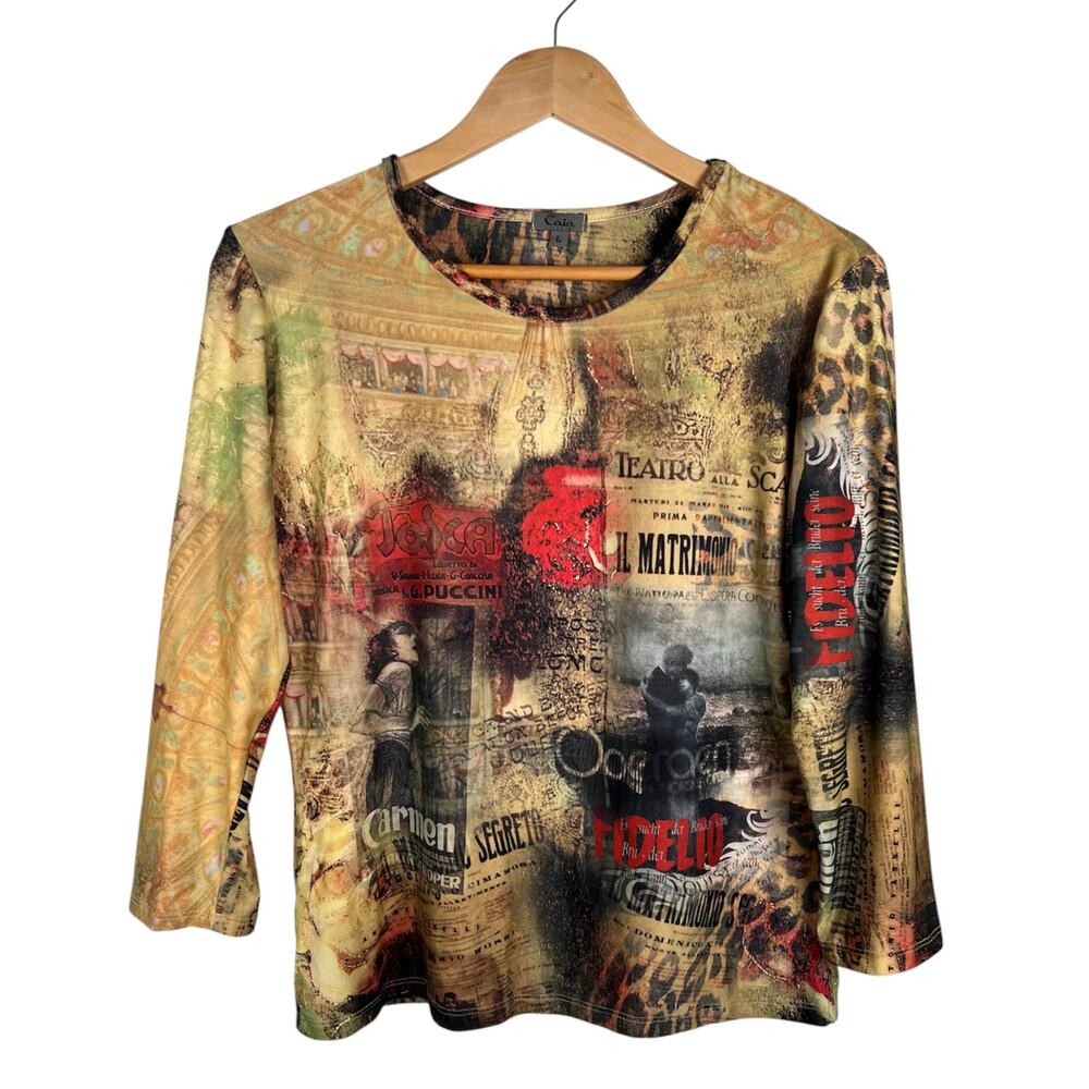 Caia Vintage French Opera Theater Art Graphic Print Womens 3/4 Sleeve Top Large